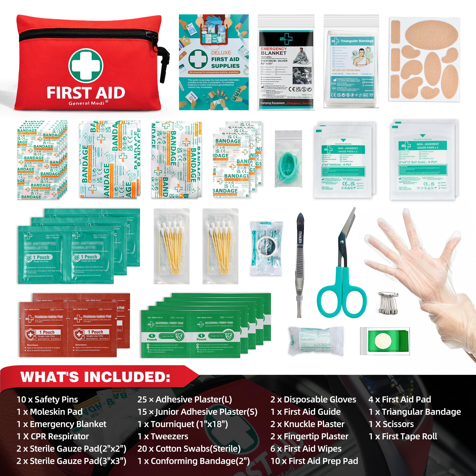 Collection of first aid supplies including bandages, plasters, and safety pins on a white background.