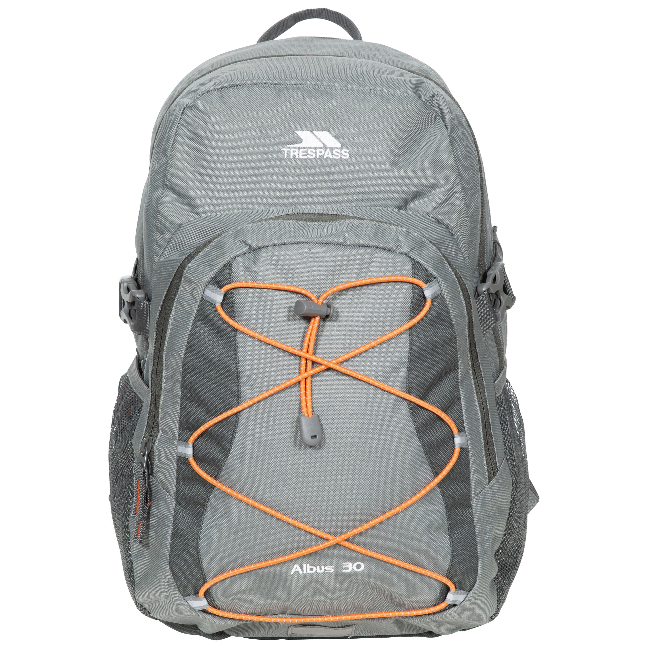 Gray backpack with orange accents and Trespass branding on a white background