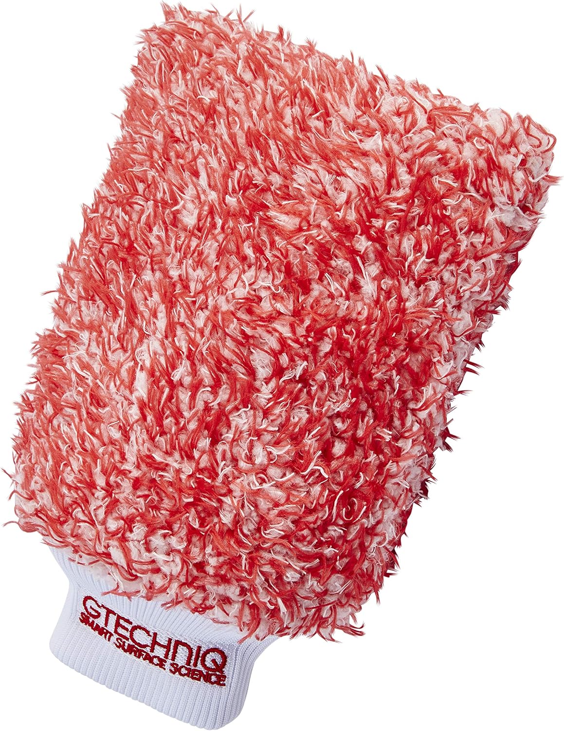 Red and white scrubber glove with 'Stechniq' branding on a white background