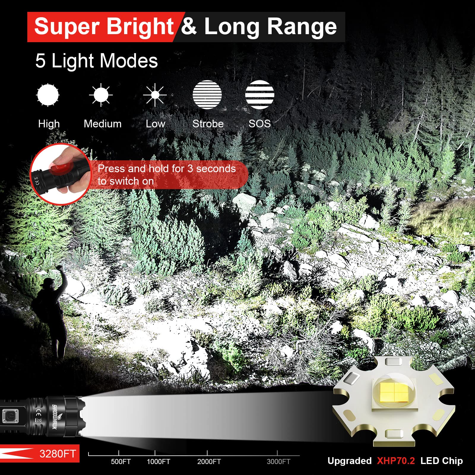 Flashlight with light modes displayed over a night-time forest scene
