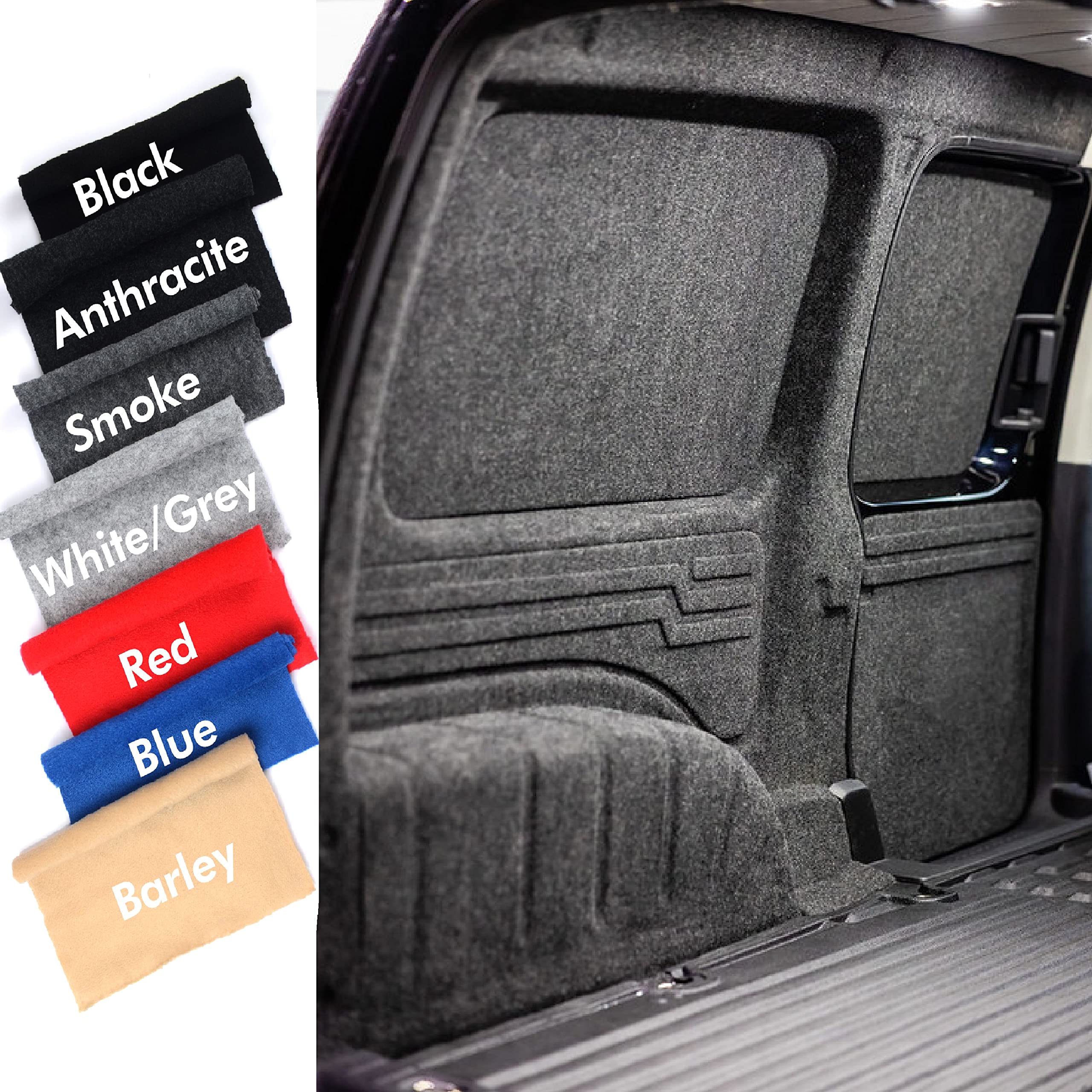 Car interior with gray carpeting and color swatches on a white background