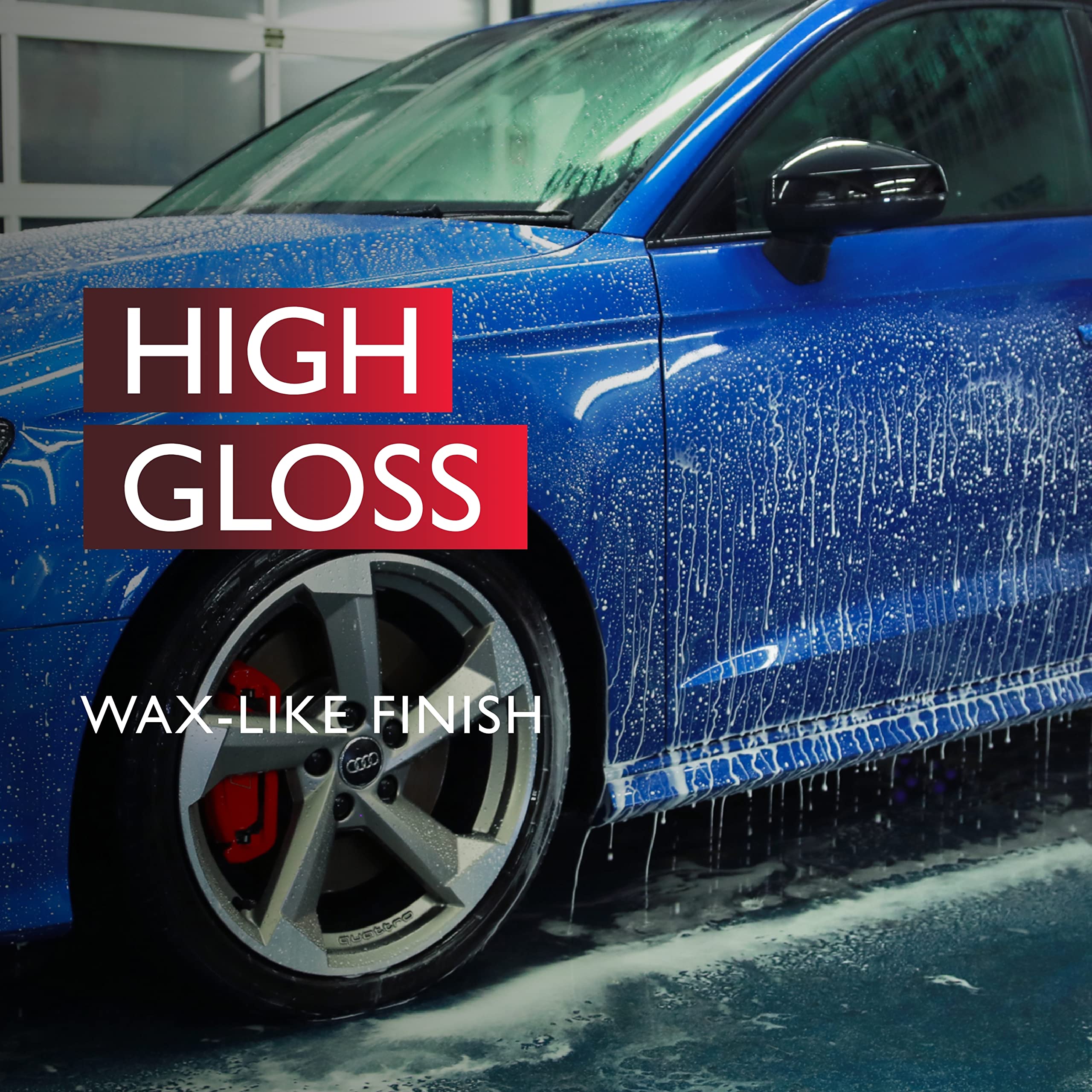 Blue car with water droplets and 'High Gloss Wax-Like Finish' text