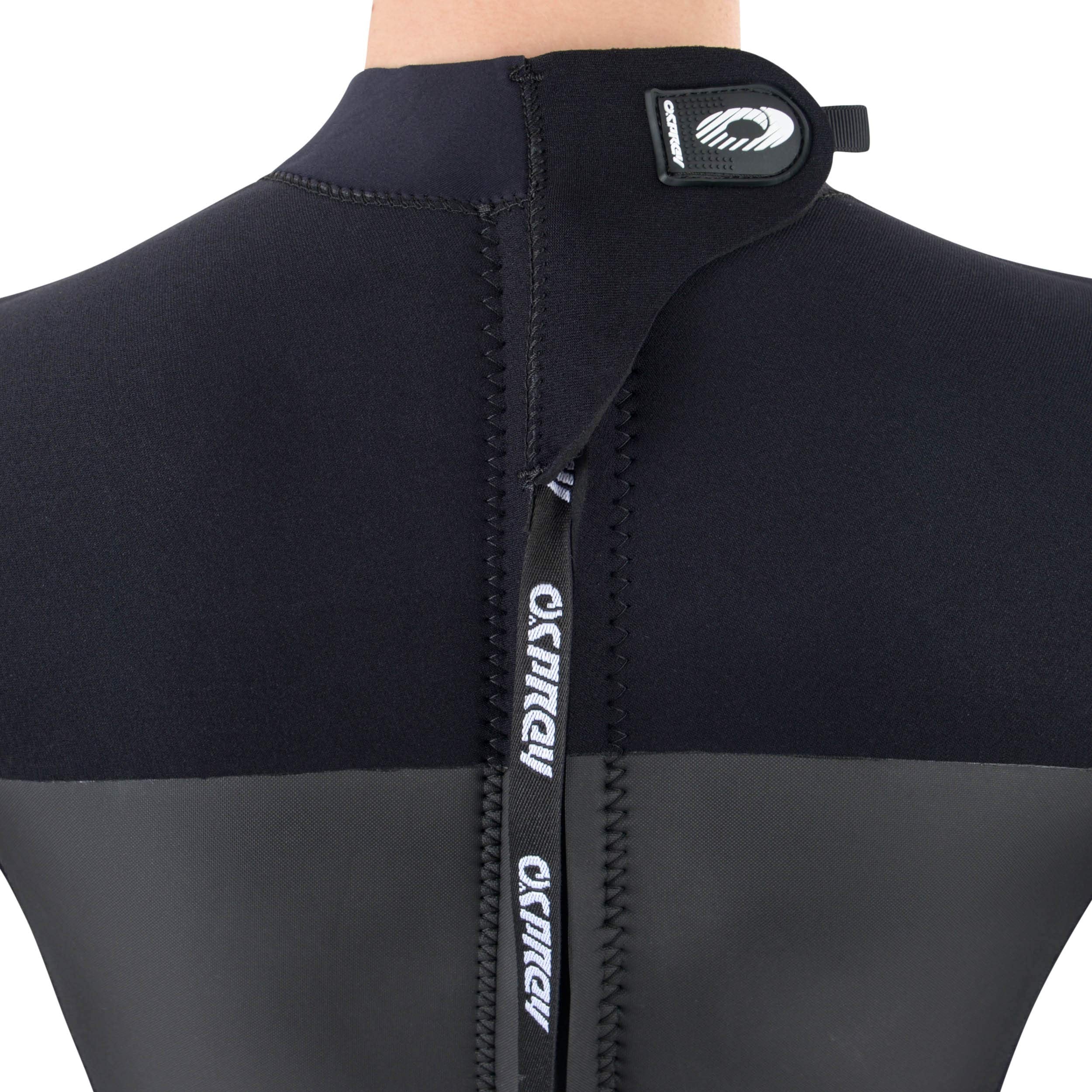 Close-up of a black and gray wetsuit with a brand logo on a white background