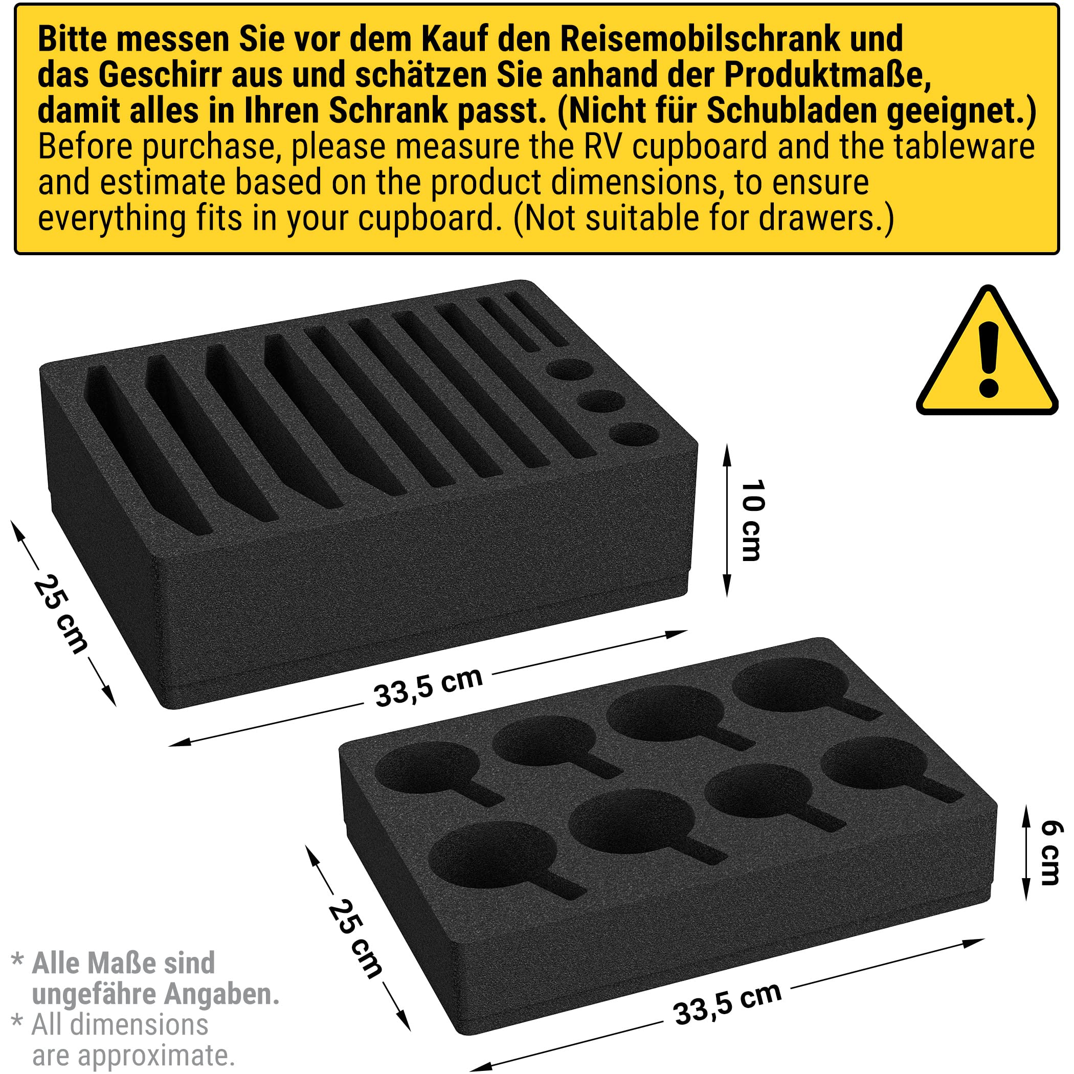 Black foam block with measurement details and warning label on a white background