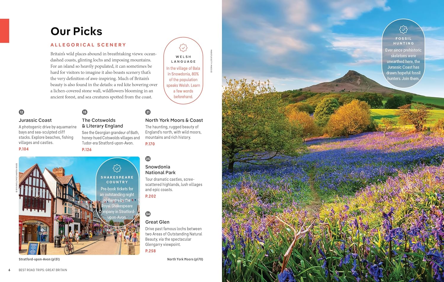 Scenic landscape with fields of flowers and a mountain, featuring text and images on a magazine or book page.