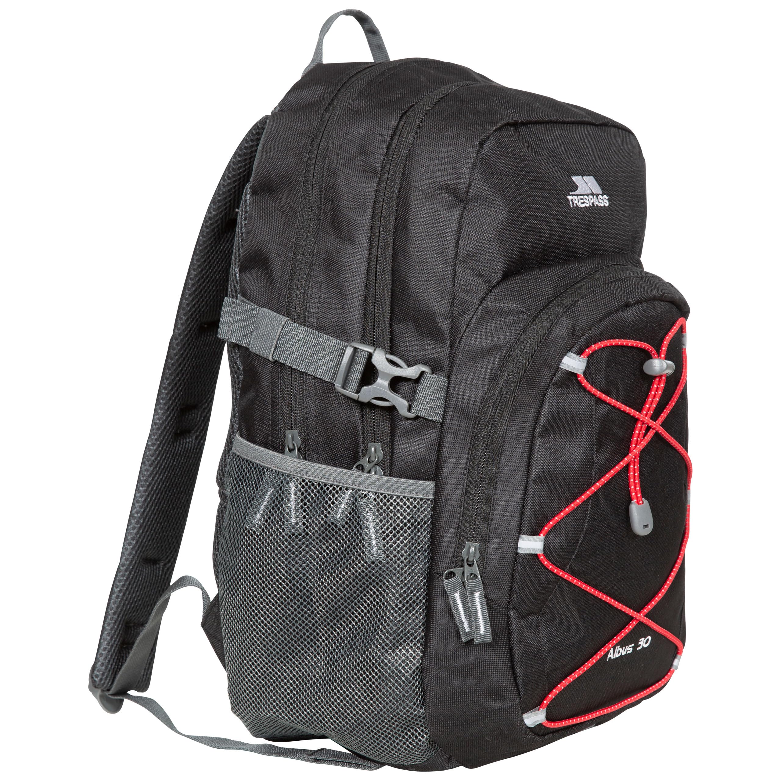 Black backpack with red accents and a visible brand logo on a white background