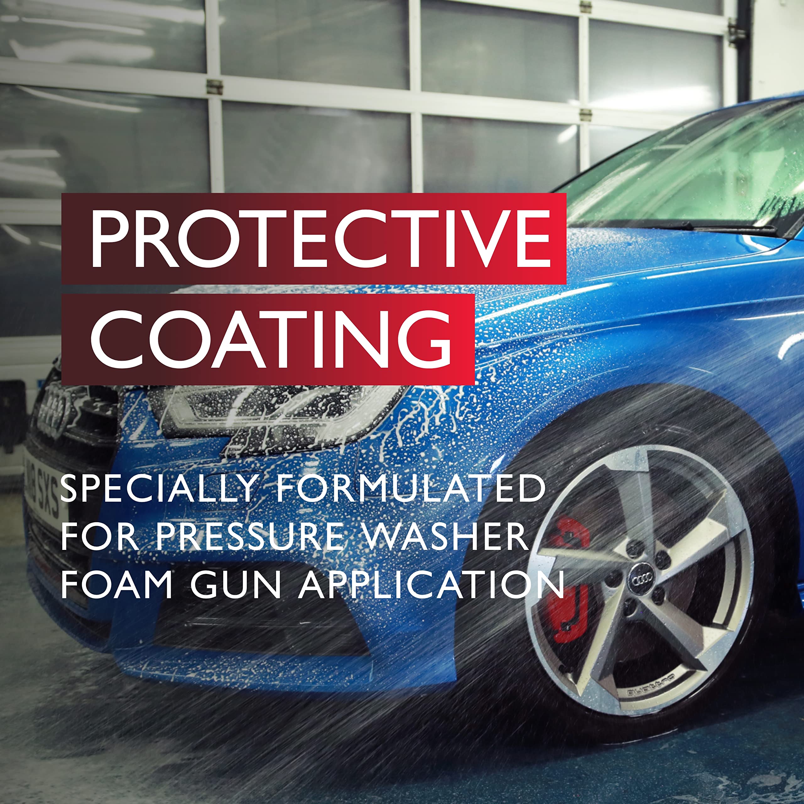Blue car being washed with text about protective coating for pressure washer foam gun application.