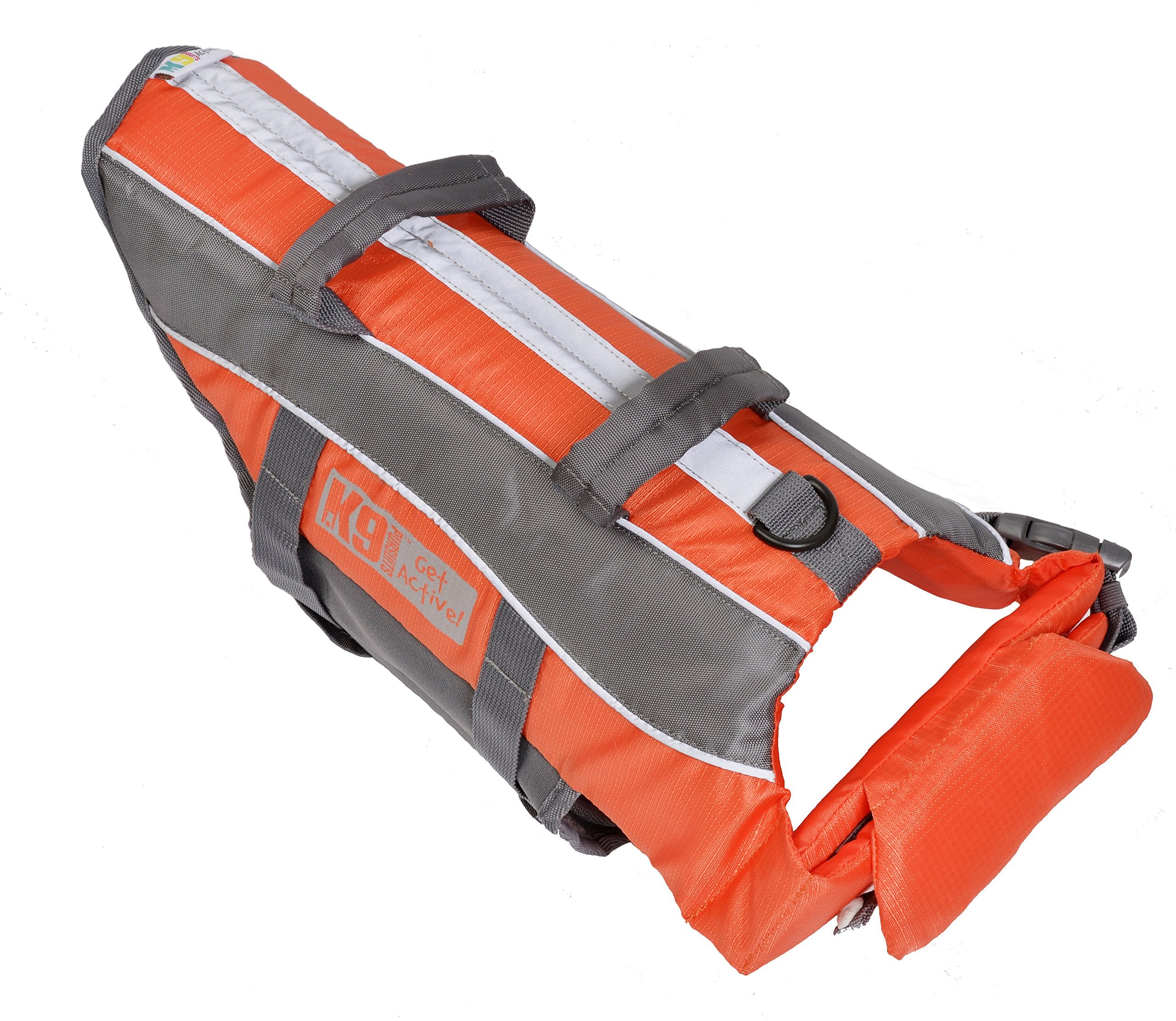 Orange and gray dog life jacket on a white background