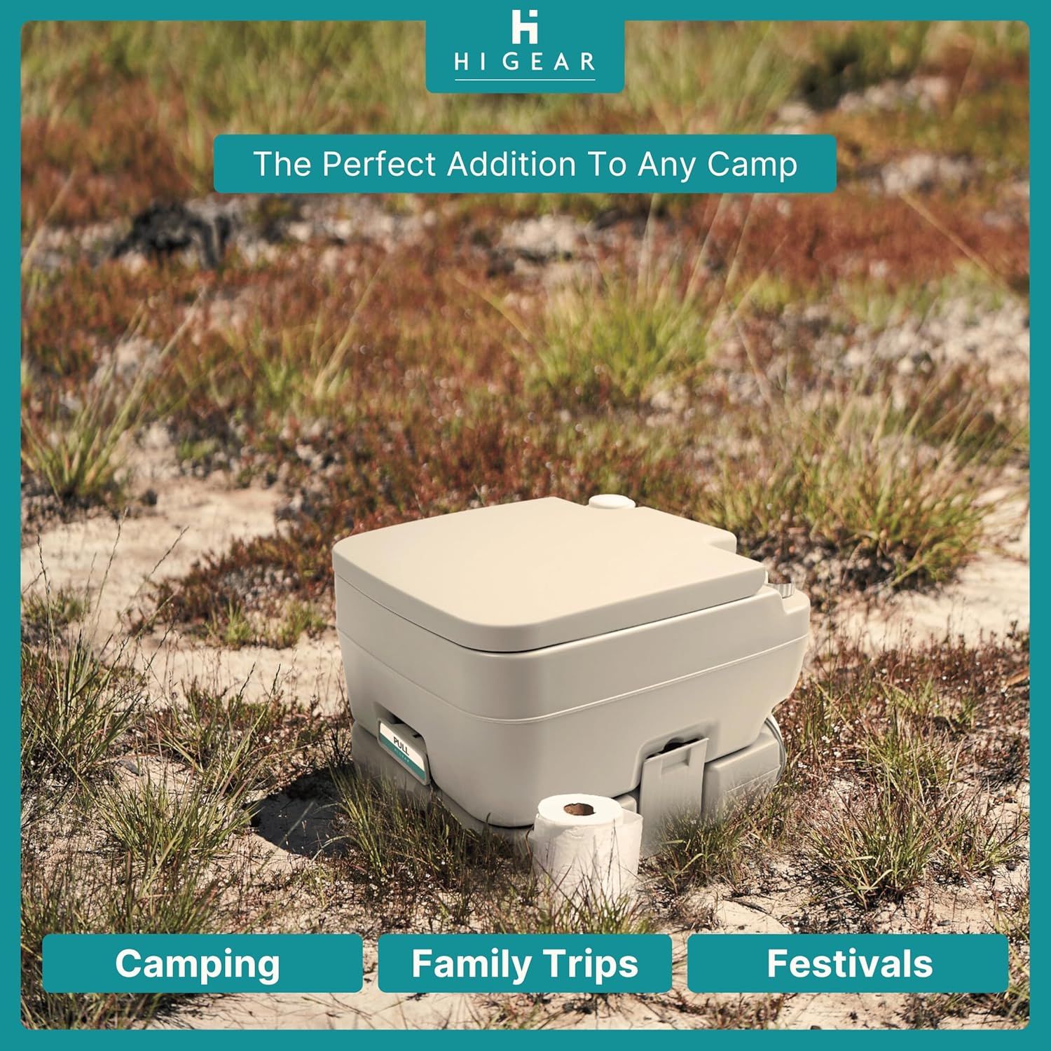 Portable camping toilet with a roll of toilet paper on a natural background, featuring Higear branding.