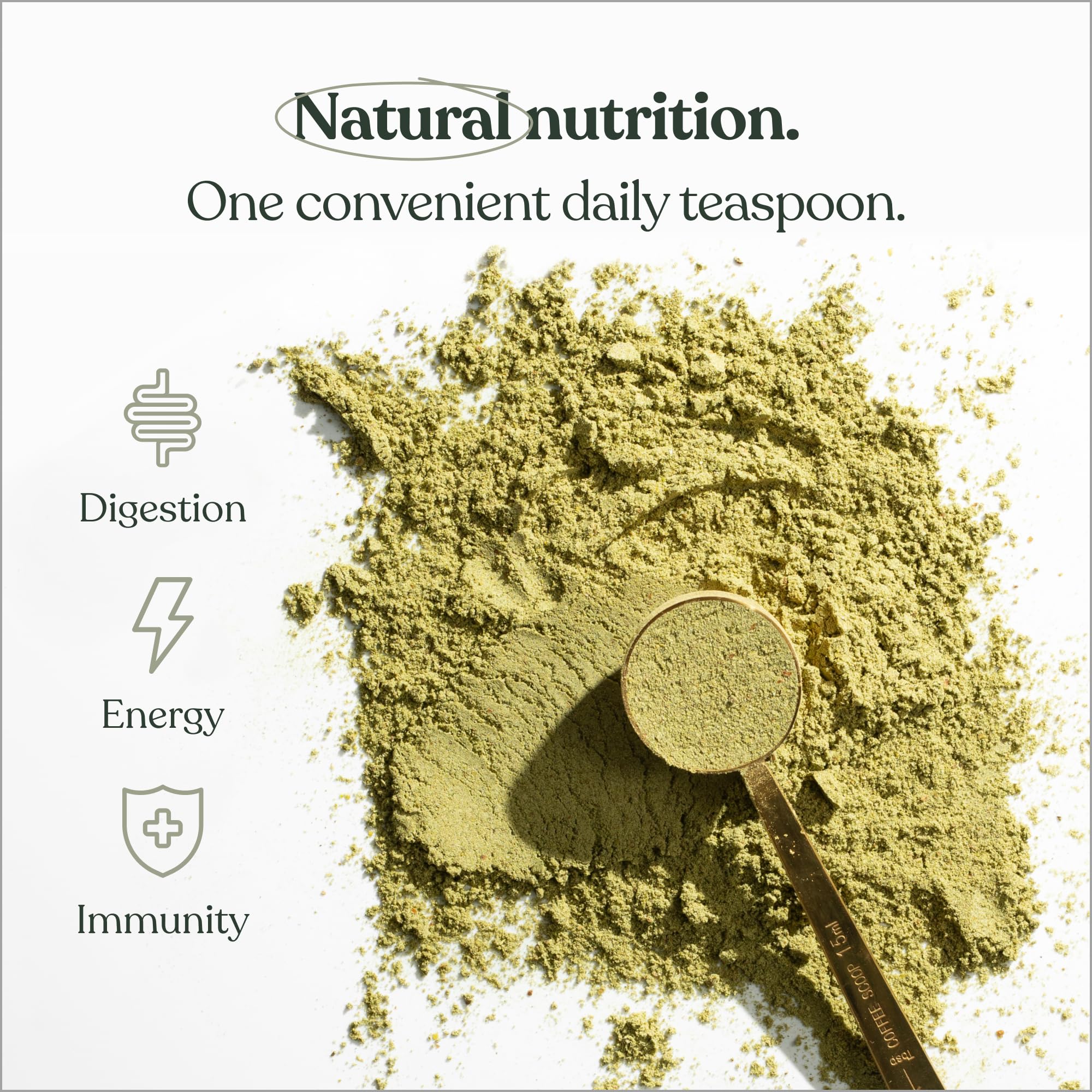 Green powder with a spoon and 'Natural Nutrition' branding on a white background