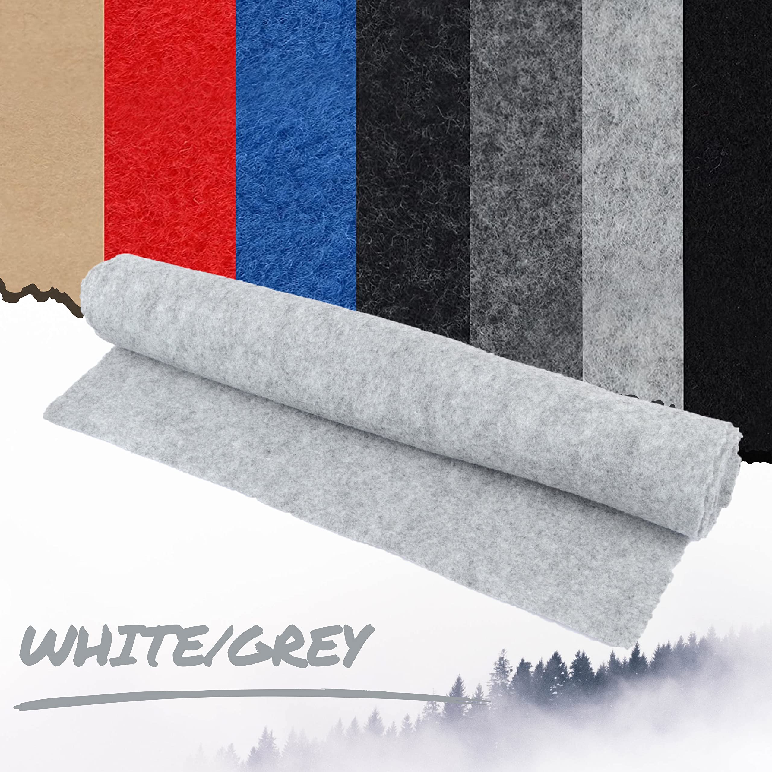 Roll of white/grey felt fabric with color swatches in the background