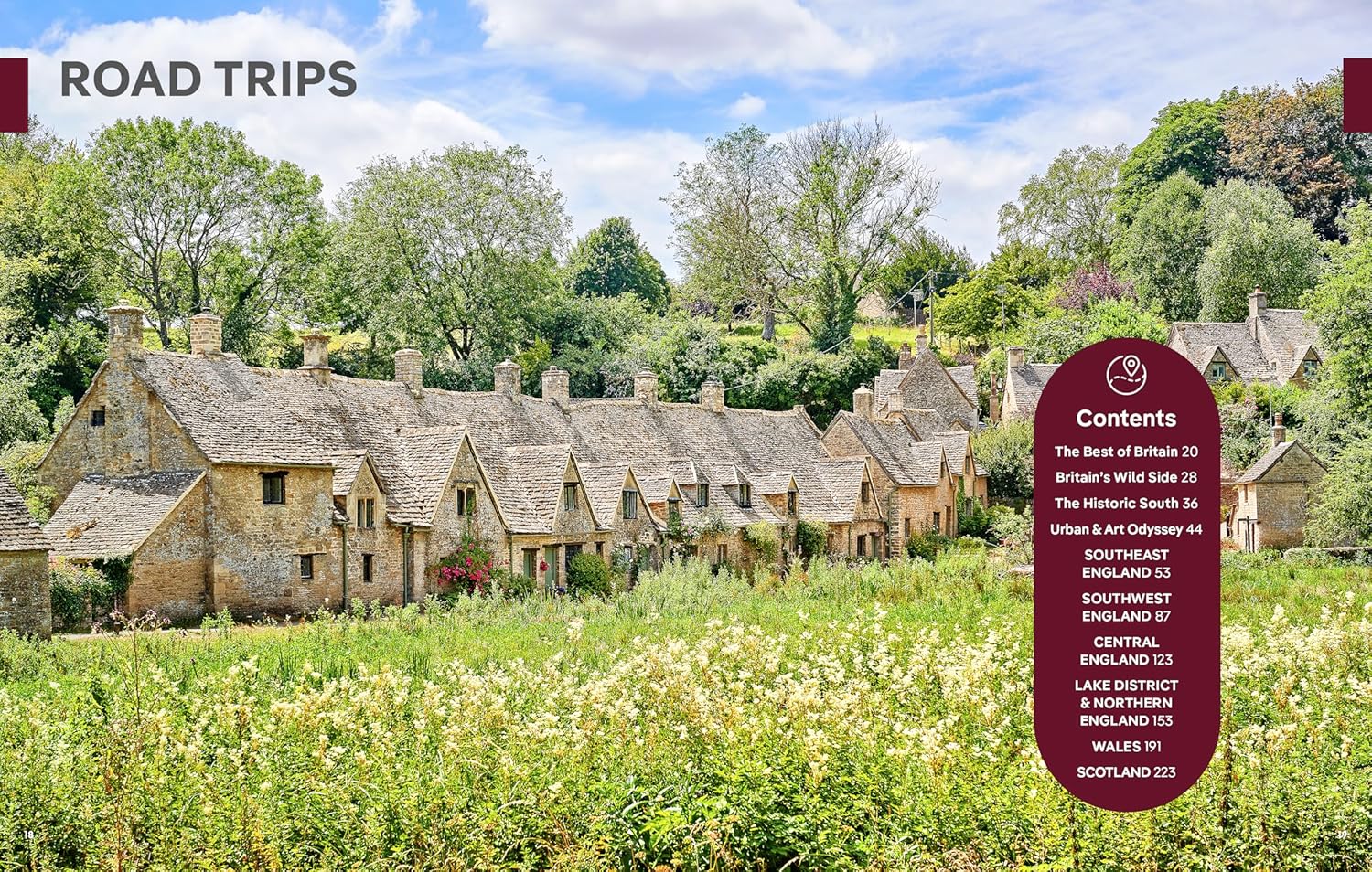 Cottages in a village with a sign indicating 'Road Trips' and 'Contents' on a scenic background.