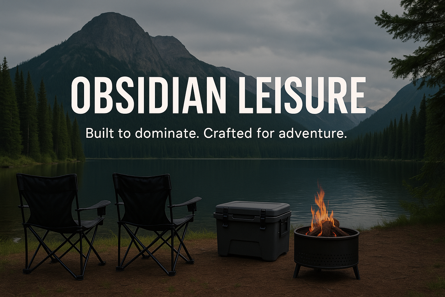 Camping scene with camping equipment and fire pit by a lake with mountains in the background, featuring 'Obsidian Leisure' text.