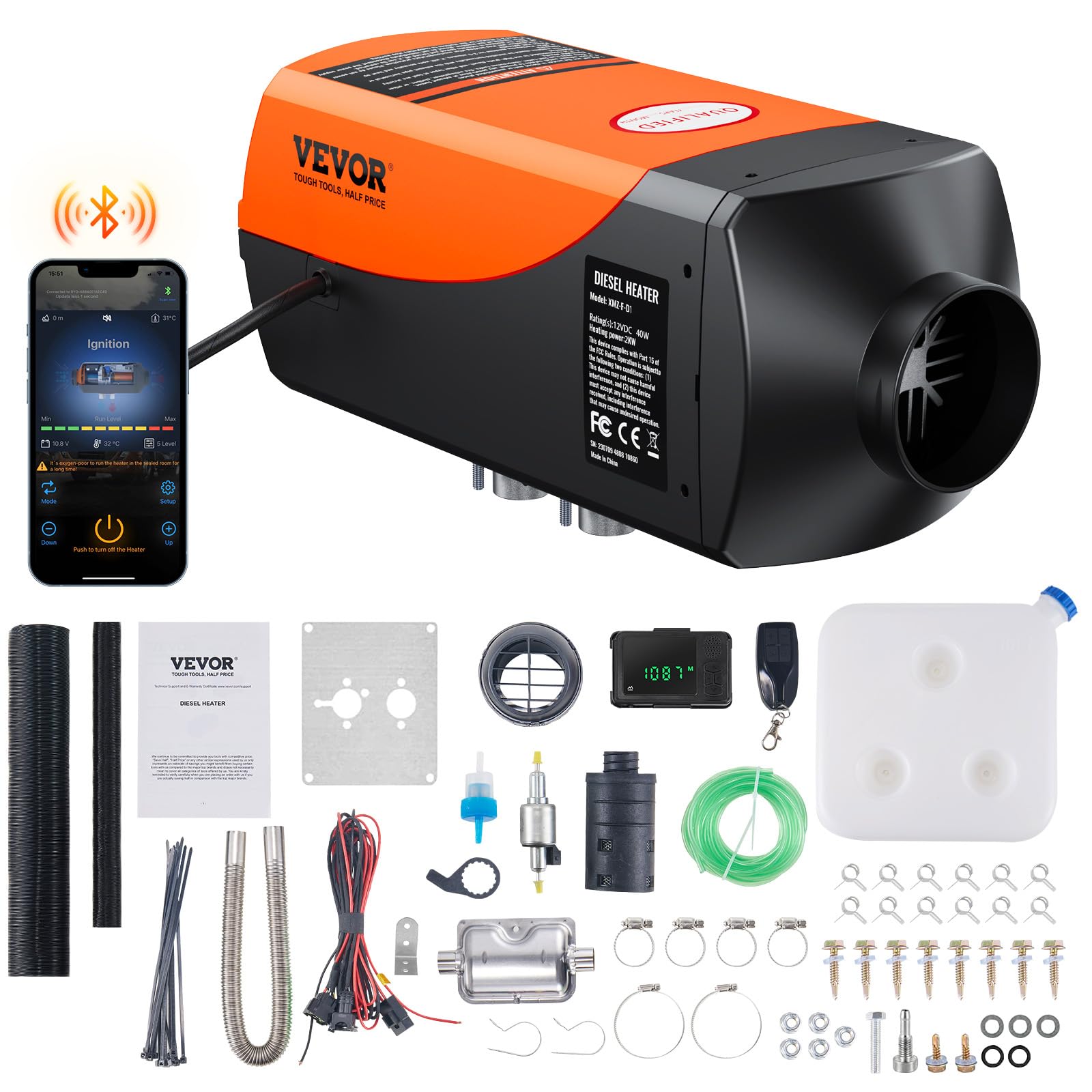 Vevor diesel heater kit with components on a white background