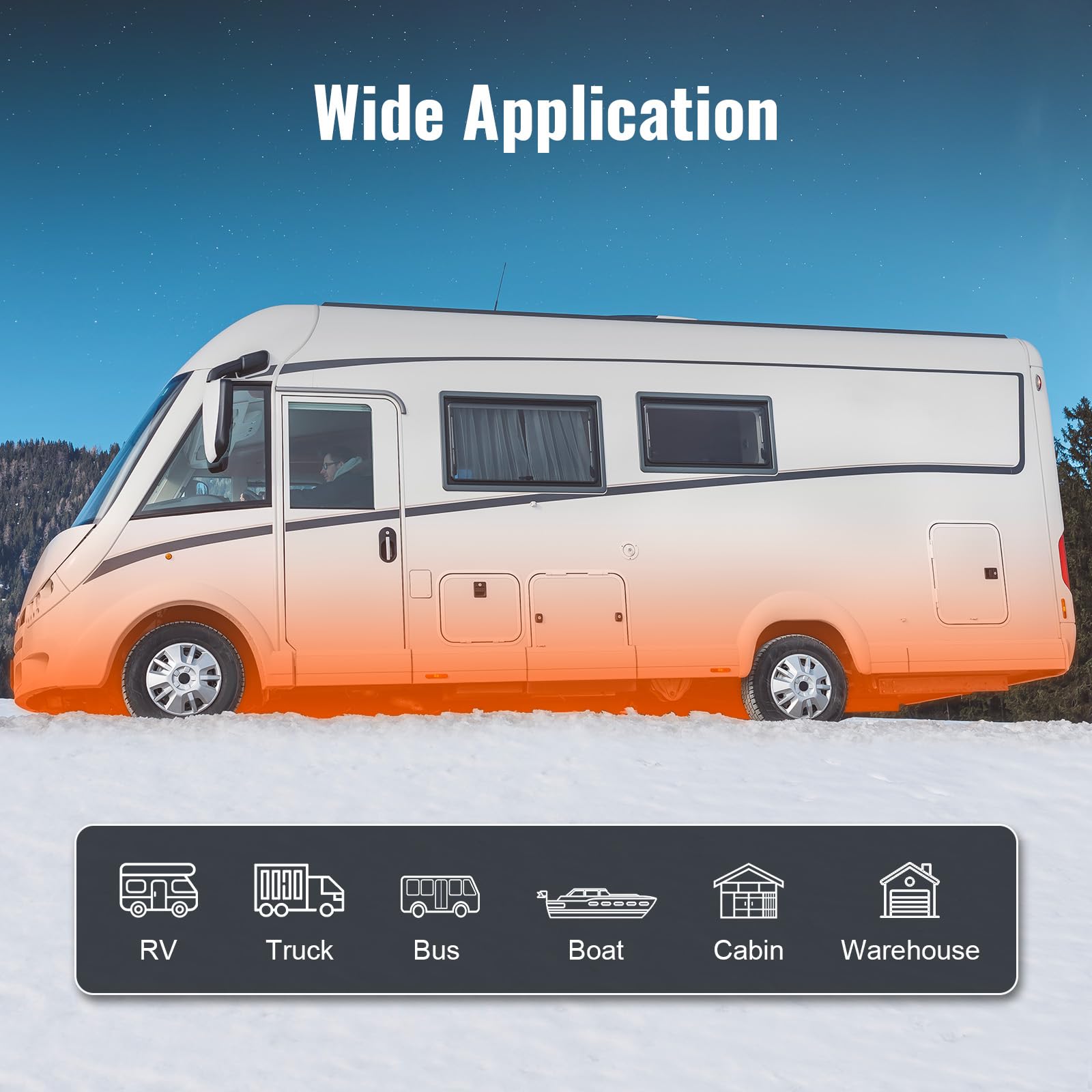 White and orange RV on a snowy background with icons and text indicating its wide application.