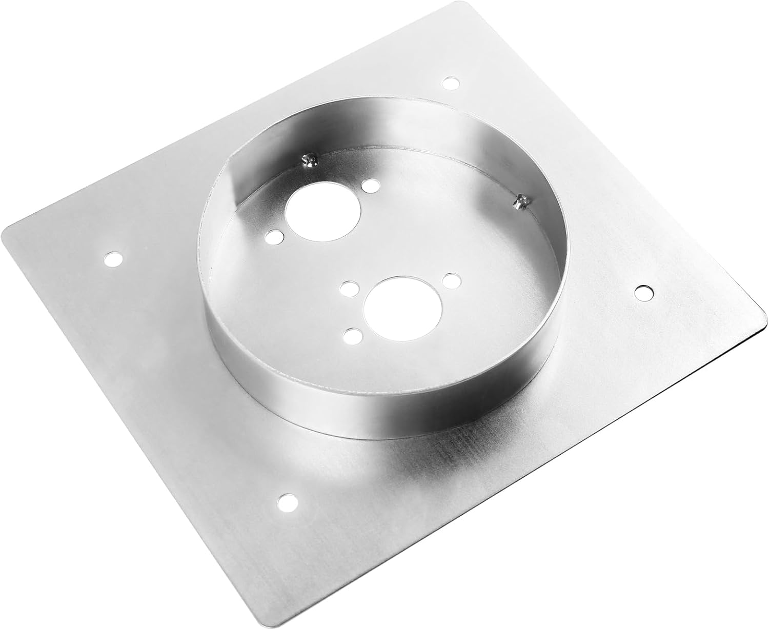 Metallic ceiling mount bracket on a white background