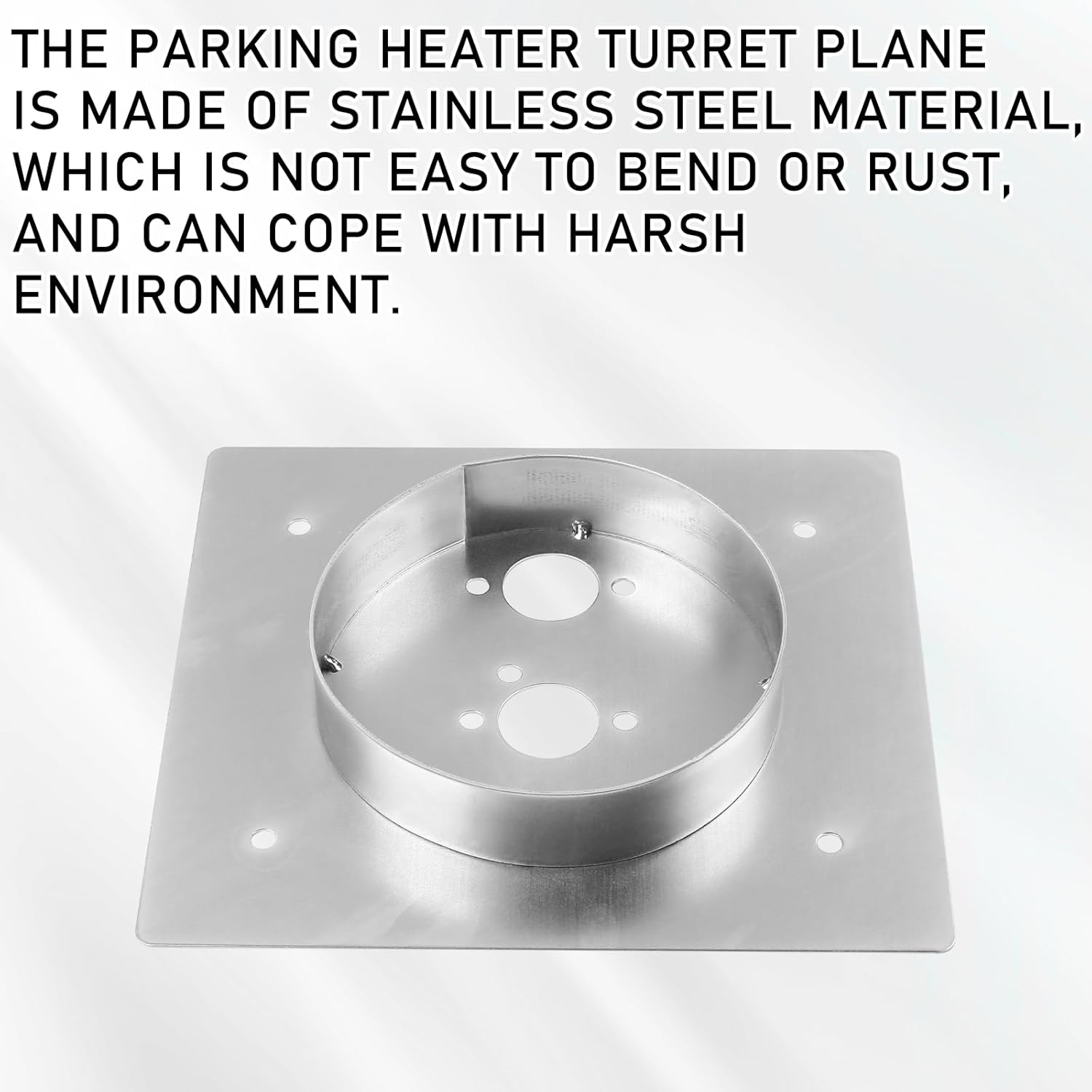 Stainless steel parking heater turret plane on a white background with text about its material properties.