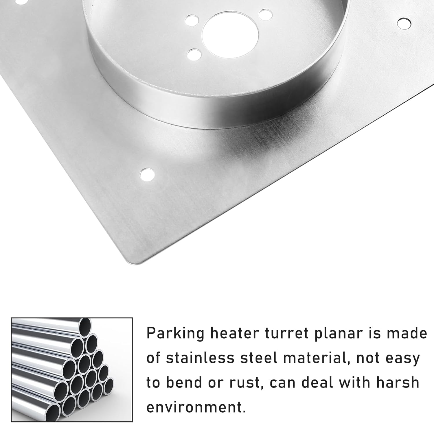 Metallic parking heater turret planar with text about its material properties.