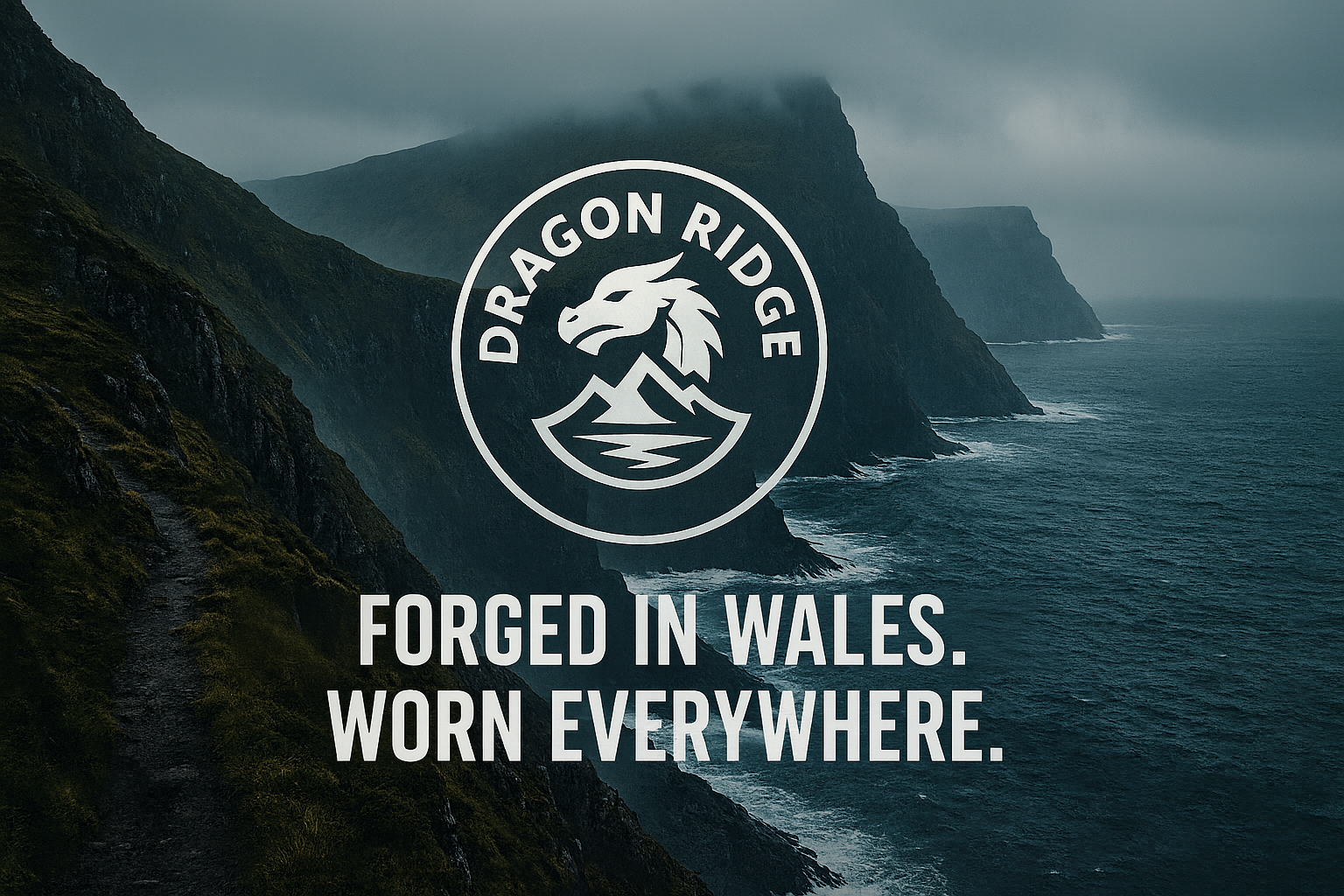 Rugged cliffs with logo dragon ridge depicting dragon and mountain range with tagline Forged in wales, Worn everywhere