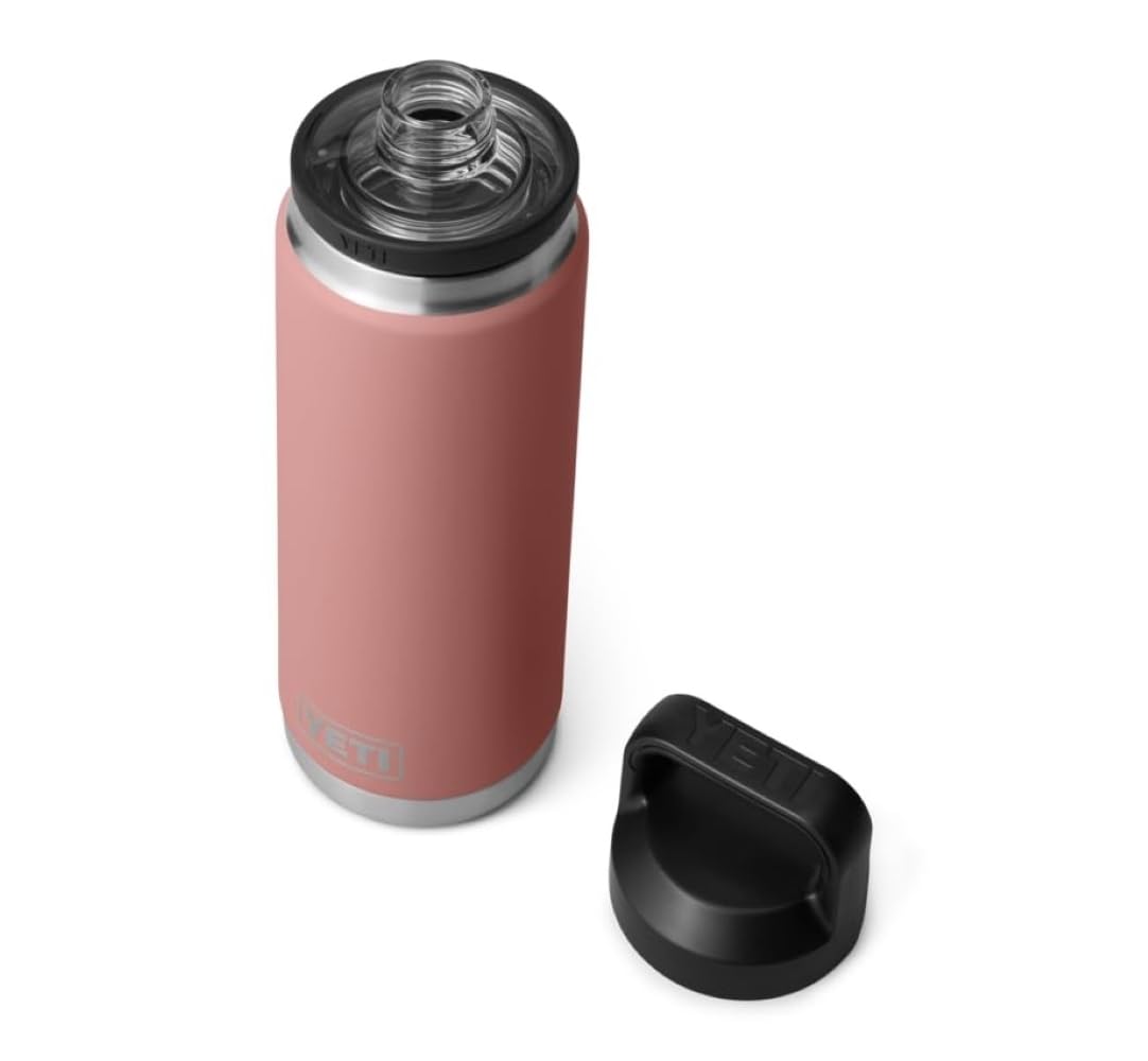 Pink insulated bottle with black lid on a white background