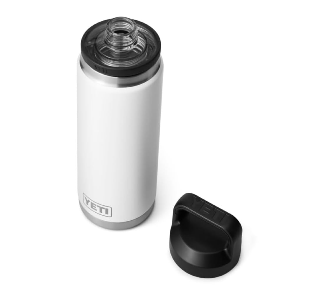White YETI water bottle with black lid on a white background