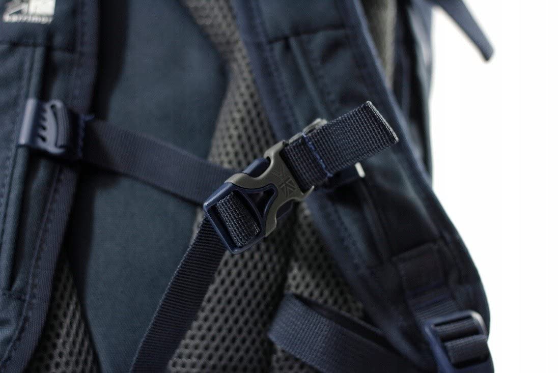 Close-up of a backpack strap with a buckle on a dark background