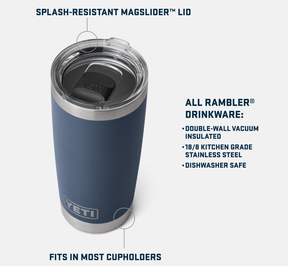 Blue YETI tumbler with splash-resistant magslider lid on a white background