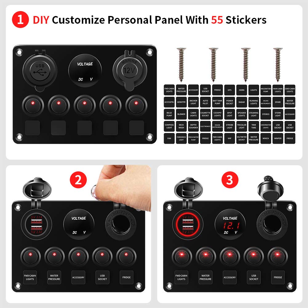DIY custom panel kit with switches, lights, and stickers on a white background