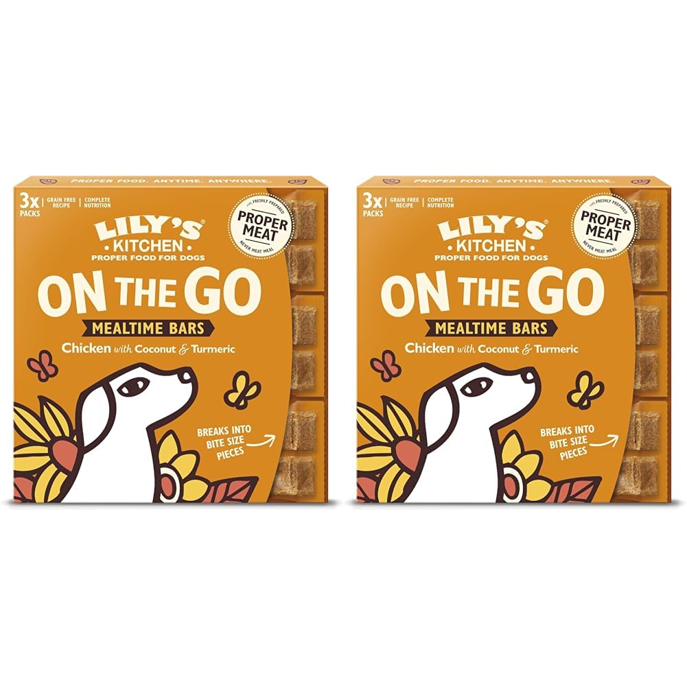 Two boxes of Lily's Kitchen On The Go Mealtime Bars for dogs on a white background