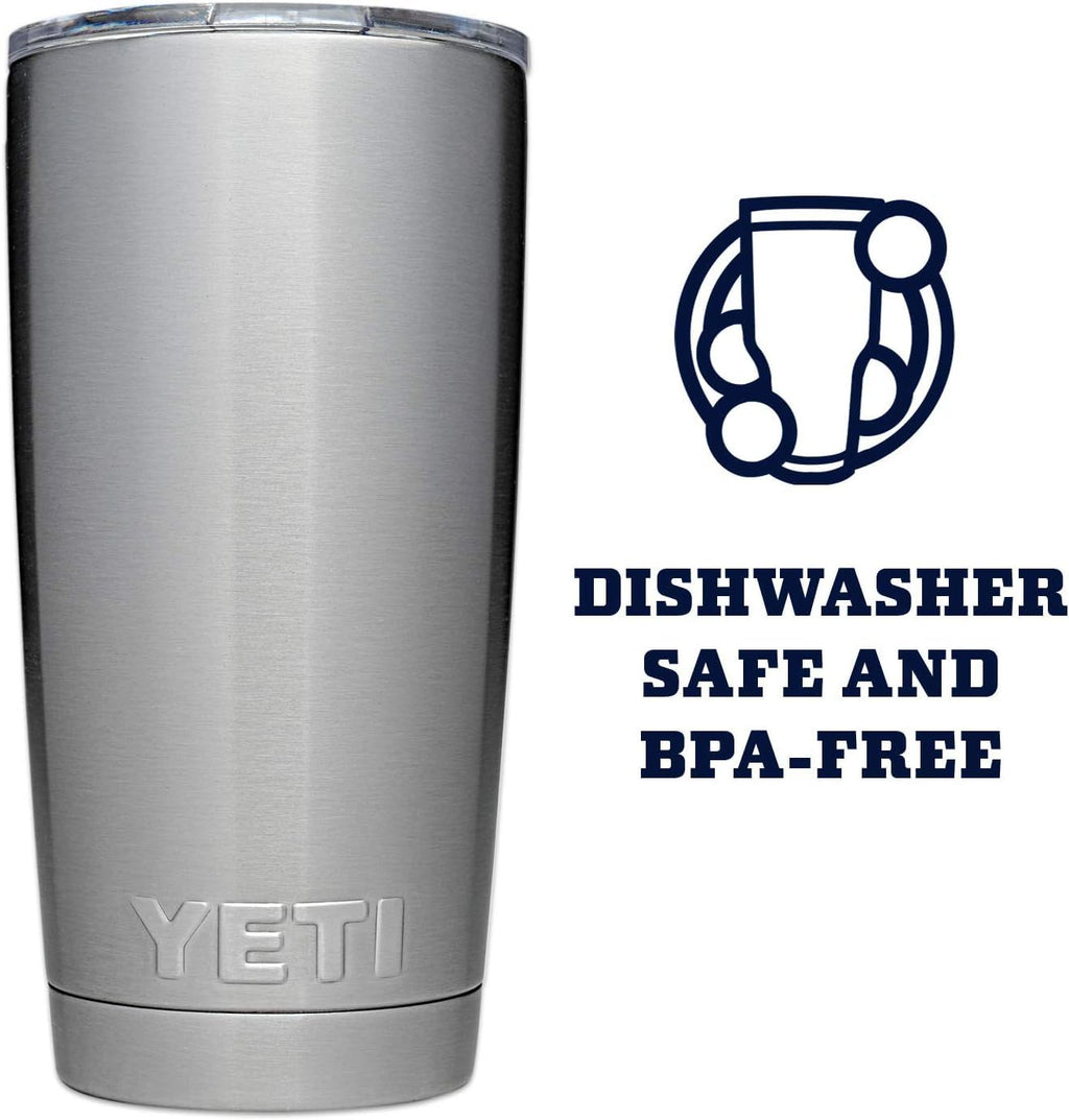 Silver YETI tumbler with dishwasher safe and BPA-free text and icon on a white background