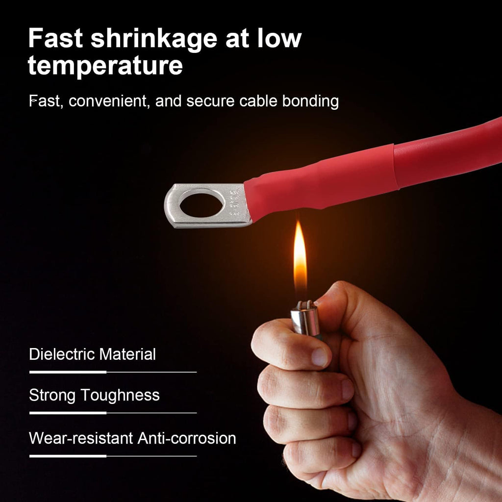 Hand holding a lighter to a red cable connector with text about cable bonding properties.