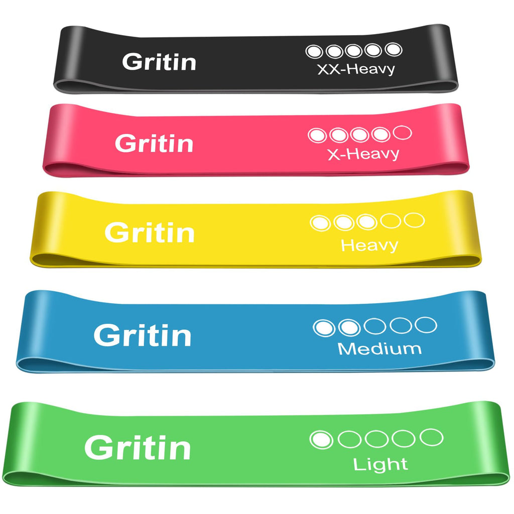 Set of Gritin resistance bands in different colors and weights on a white background