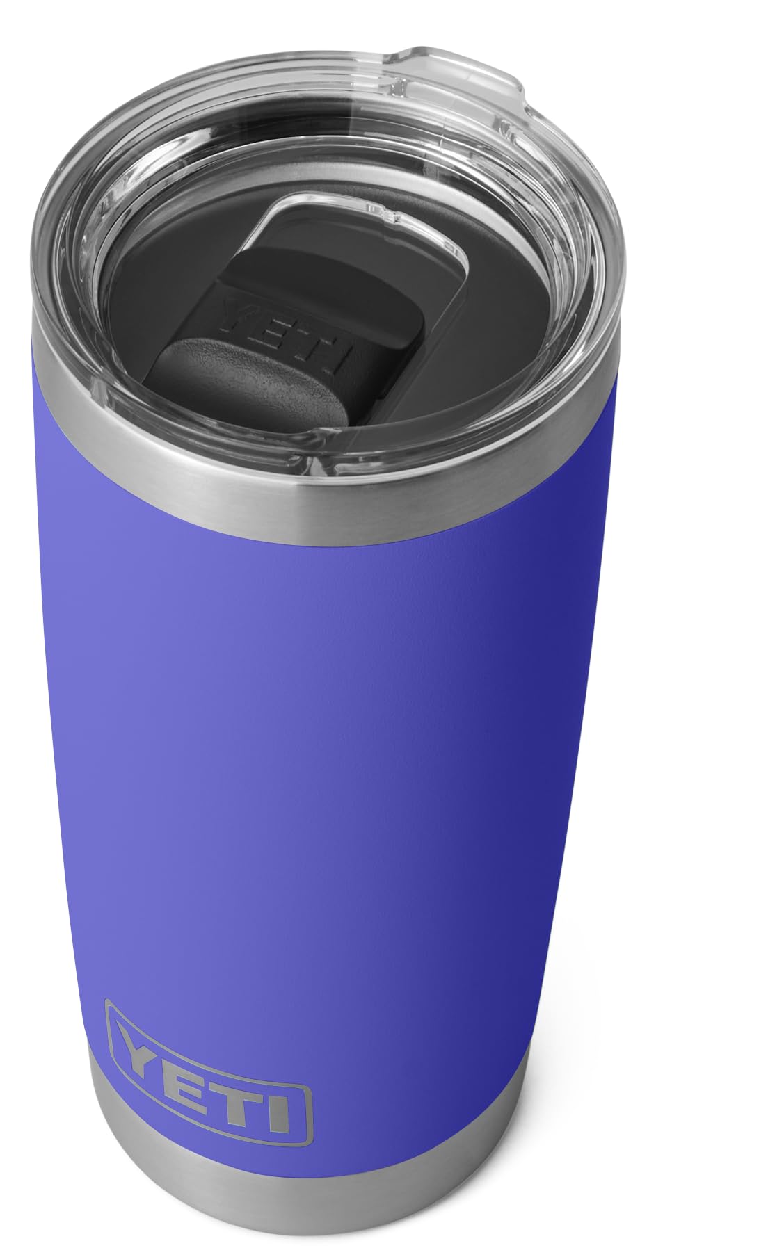 Blue YETI tumbler with clear lid on a white background