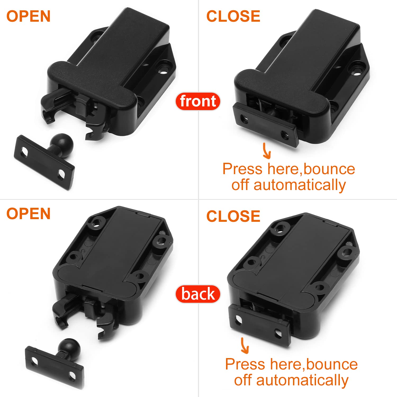 Black latch mechanism showing open and close positions with labeled parts on a white background.