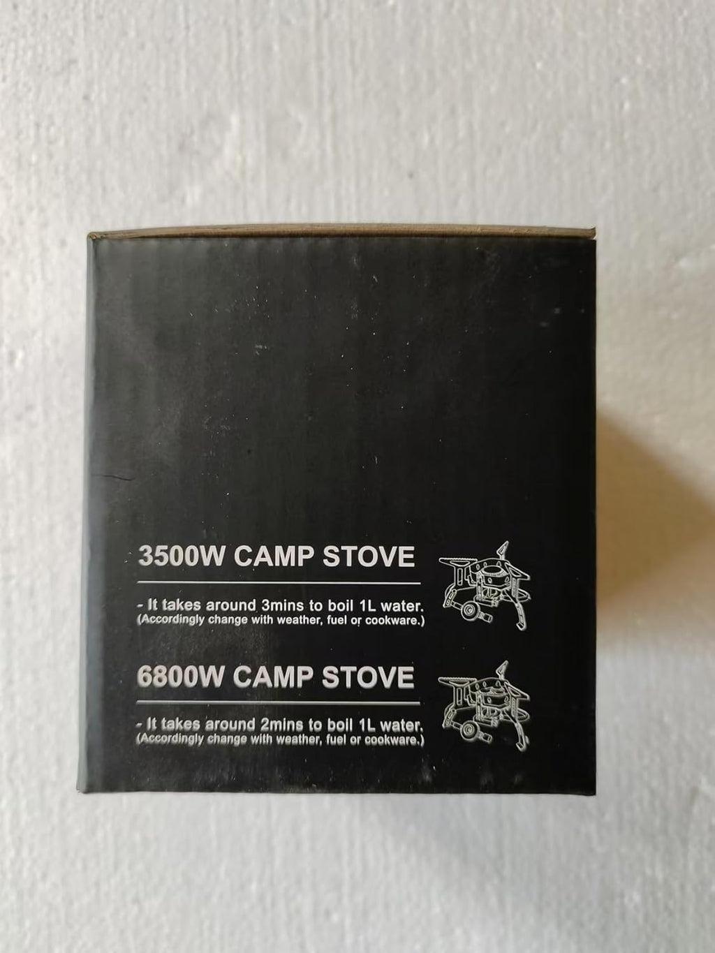Black box with text and illustrations of a camp stove on a white background