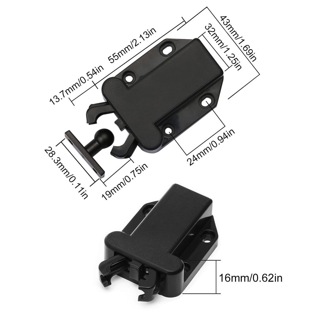Black metal latch with dimensions labeled on a white background