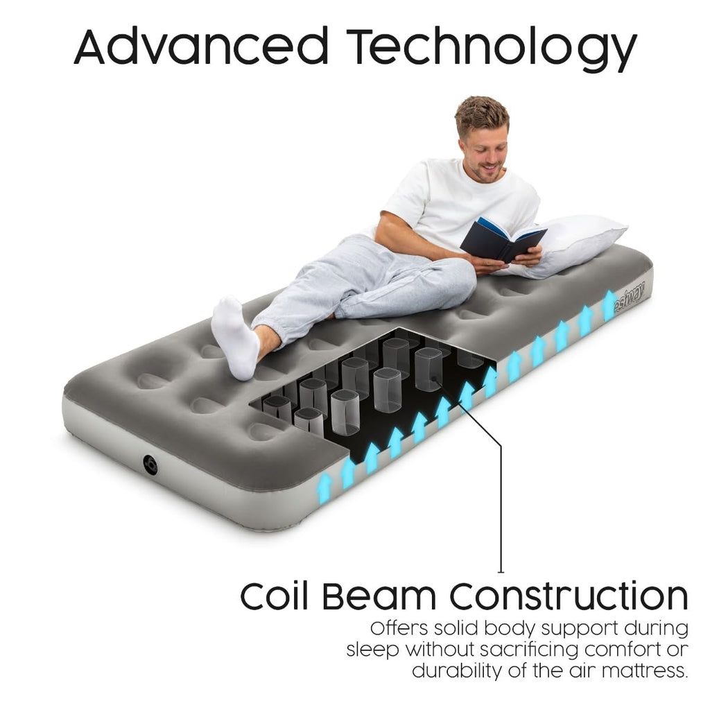Inflatable air mattress with coil beam construction and a person reading a book on it, labeled 'Advanced Technology'.