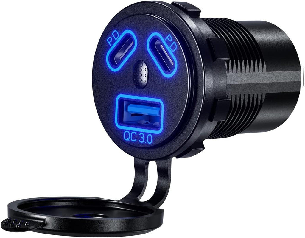 Black car charger with multiple USB ports and LED indicators on a white background