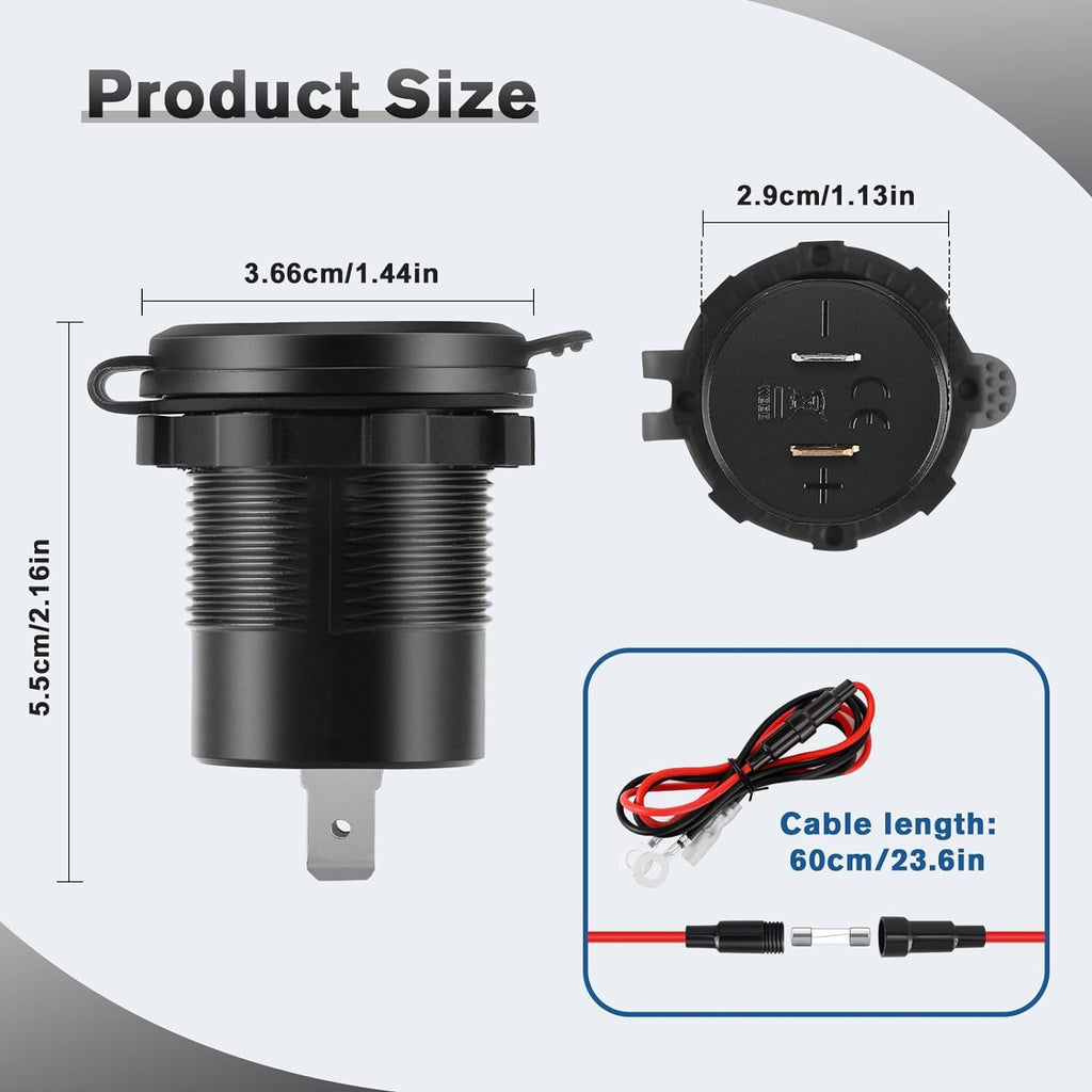 Black electrical connector with dimensions and cable length information on a gray and white background