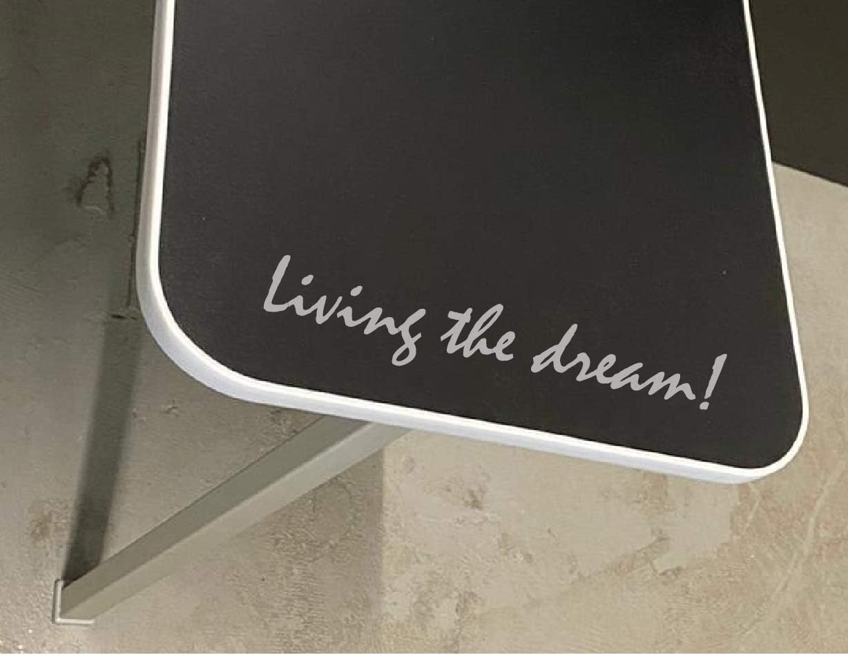 Black surface with 'Living the dream!' text on a concrete floor