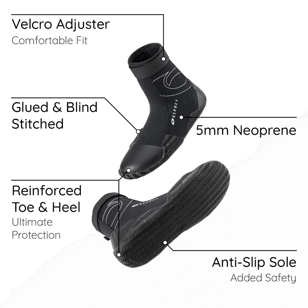 Black neoprene diving boot with feature labels on a white background