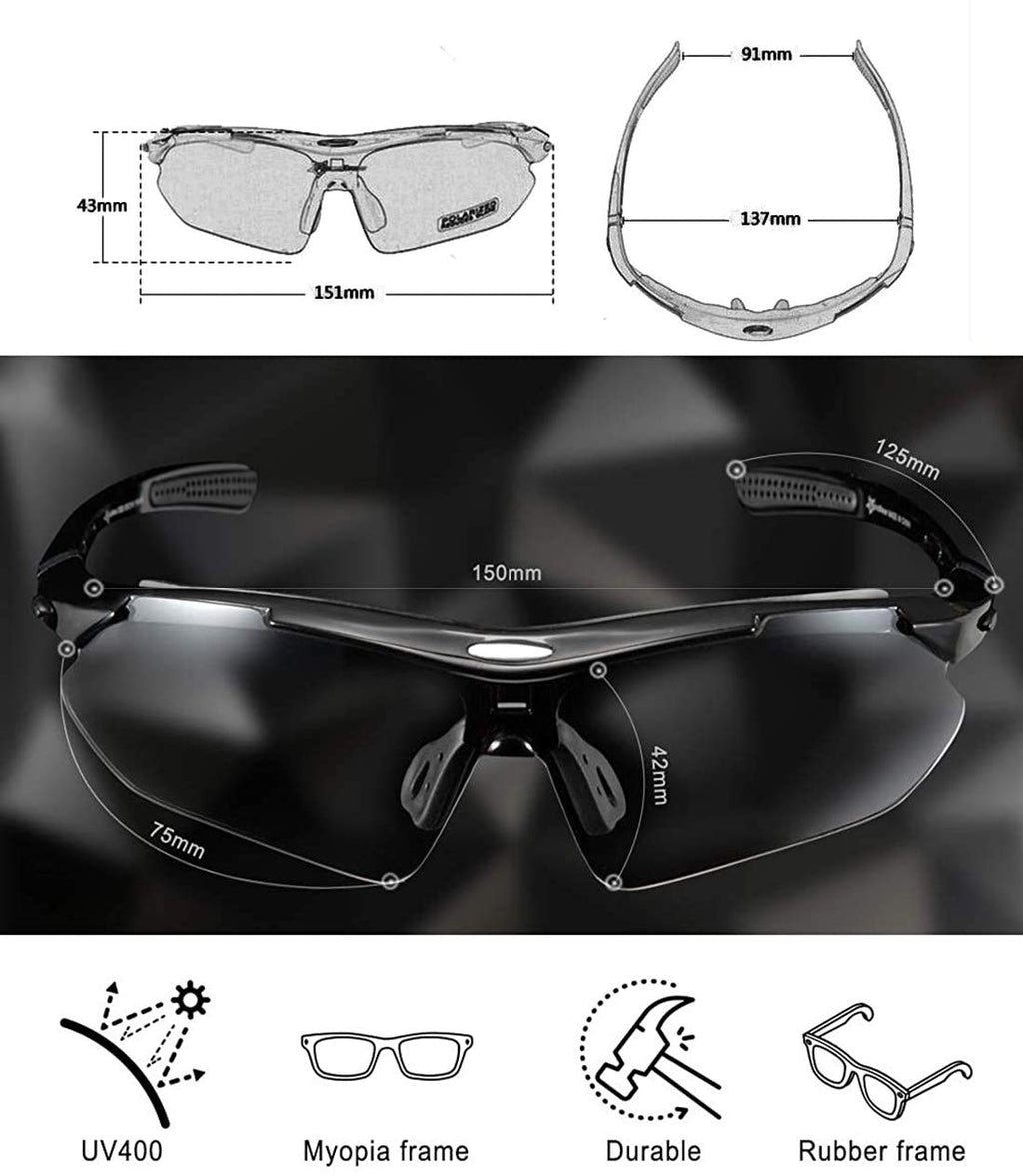 Sunglasses with measurements and features on a dark background