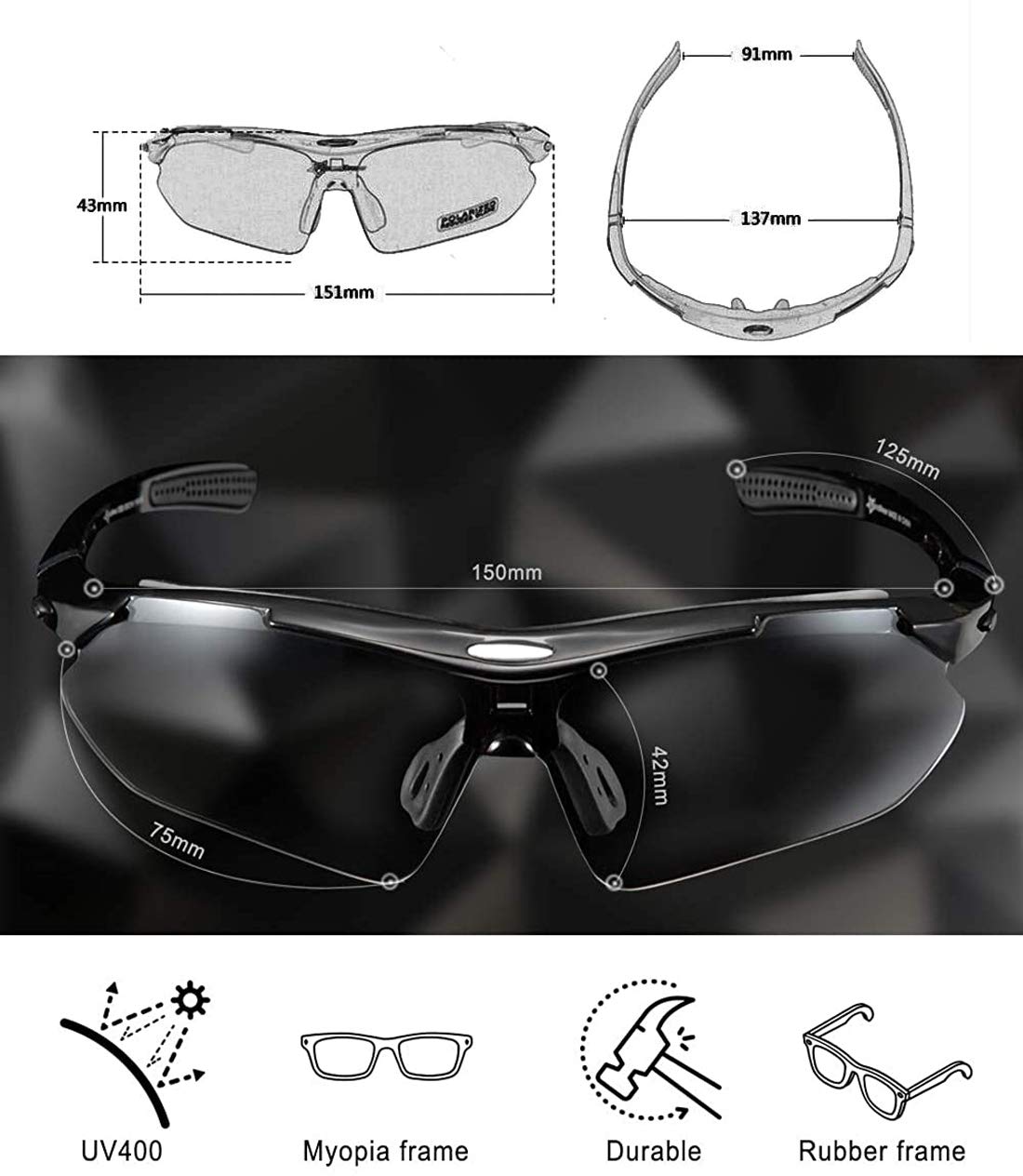 Sunglasses with measurements and features on a dark background