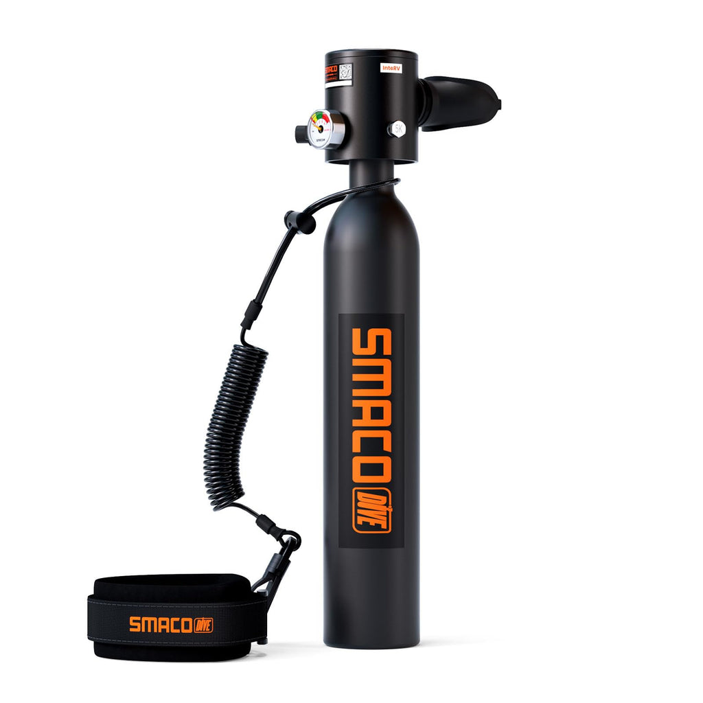 Black SCUBA tank with orange 'SMACO' branding on a white background
