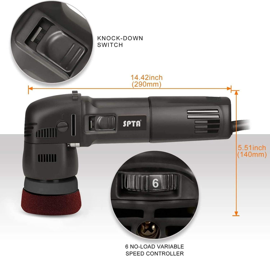 SPTA power tool with measurements and switch details on a white background