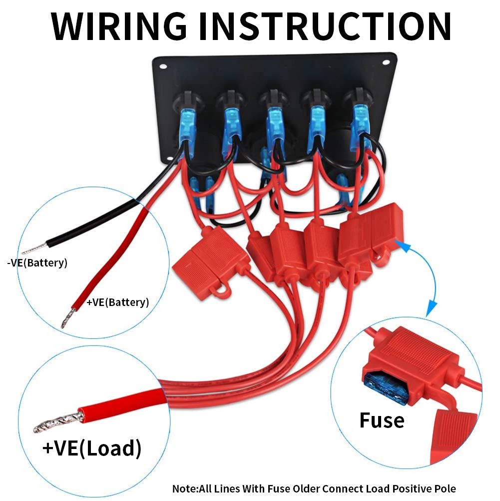 Wiring diagram with red and black wires and connectors, labeled with +VE, -VE, and fuse.