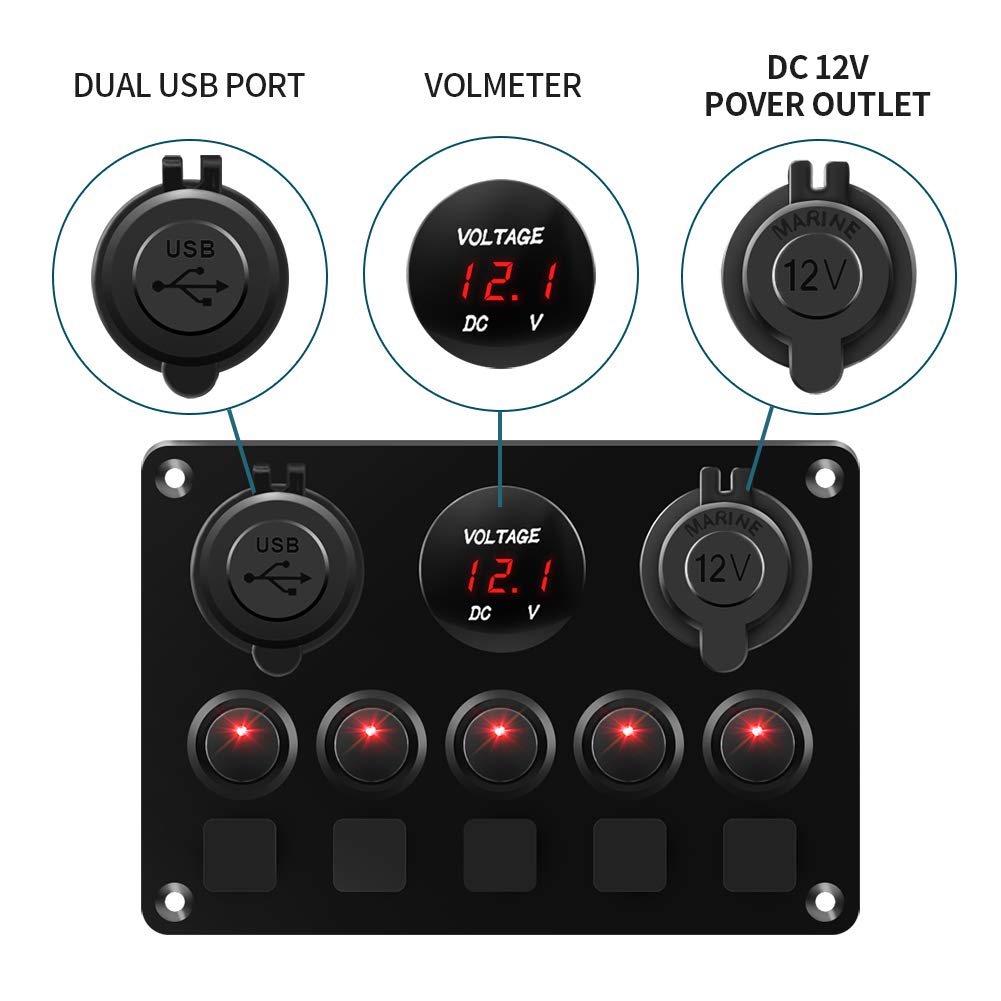 Black electrical panel with dual USB ports, voltmeter, and DC power outlet on a white background.