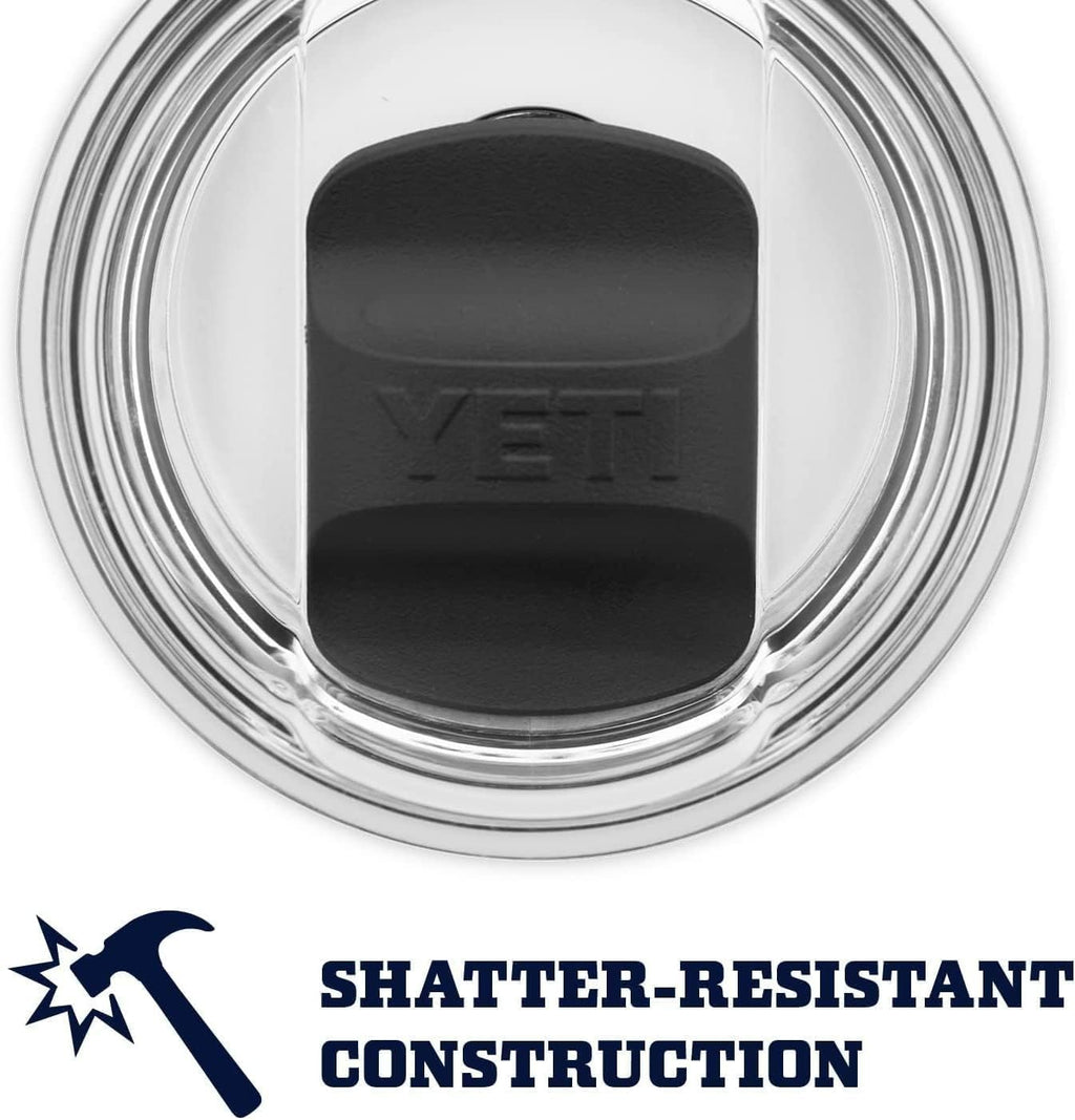 Close-up of a YETI lid with shatter-resistant construction text below