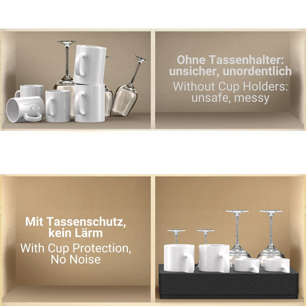 Comparison of using cup holders with and without a cup holder system on shelves.