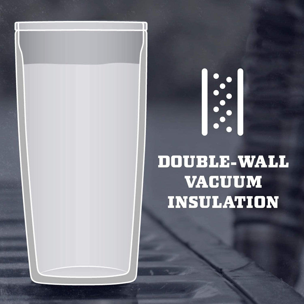Outline of a double-wall vacuum insulated tumbler with text on a blurred background